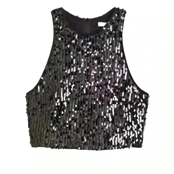 H&M Holiday Sequined Racer back Gray Crop Tank Top - size Medium NWT - Picture 1 of 4